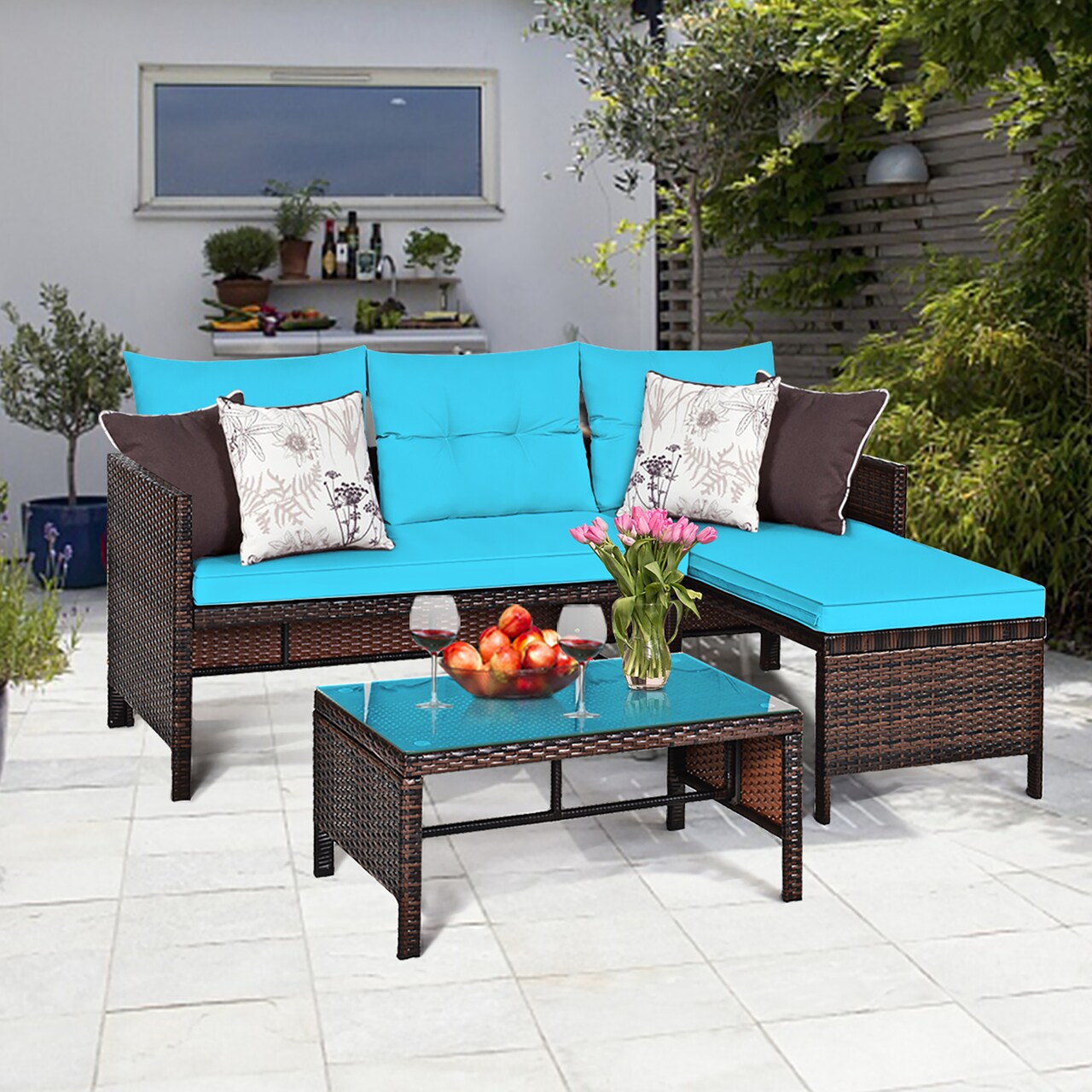Costway 3PCS Patio Wicker Rattan Sofa Set Outdoor Sectional Conversation Set